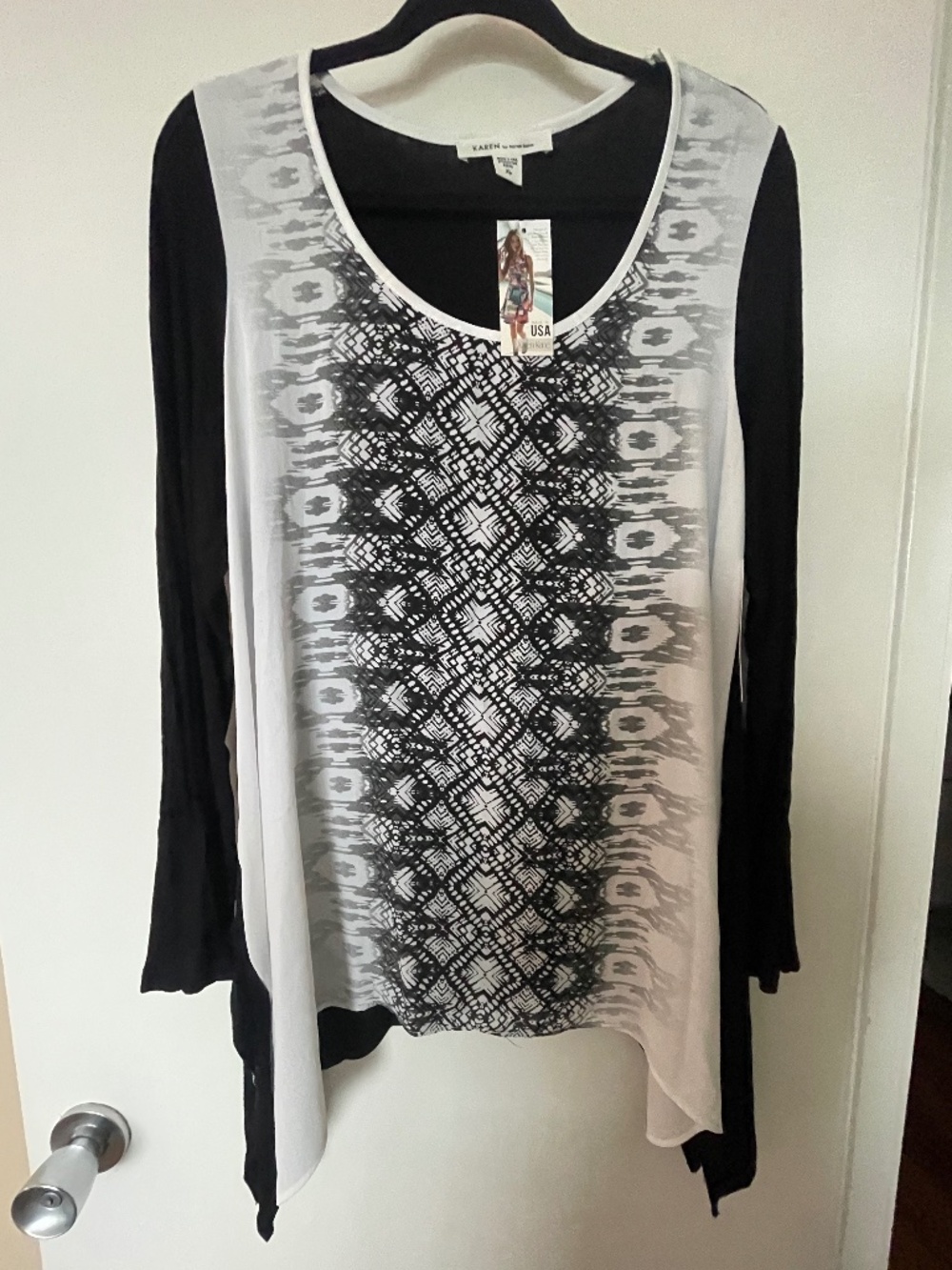 Karen Kane black and white silky shirt